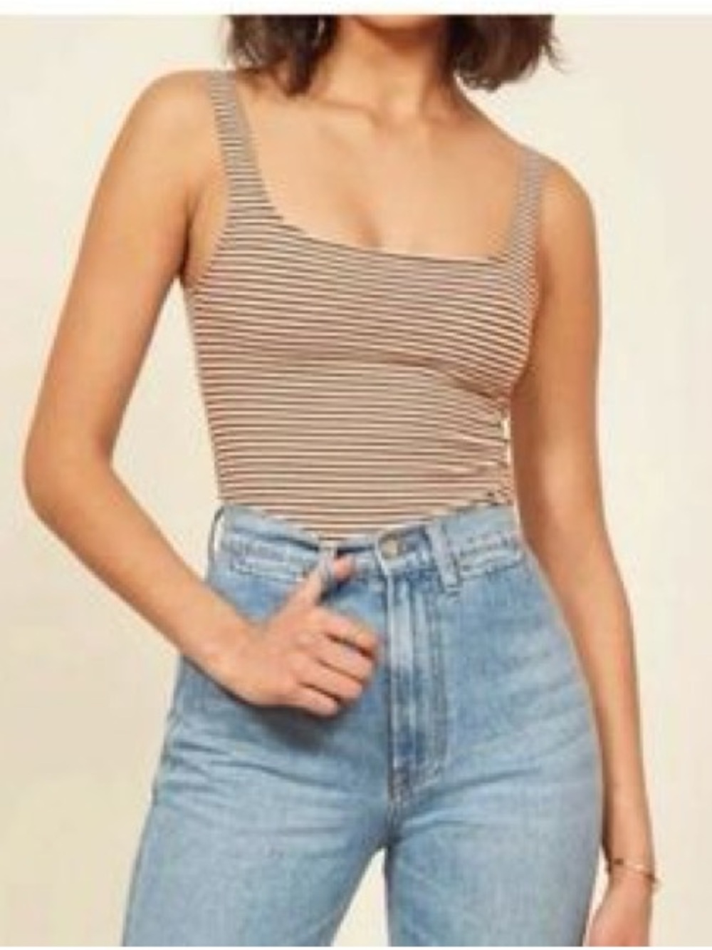 Reformation Beige and White Striped Square Neck Camisole